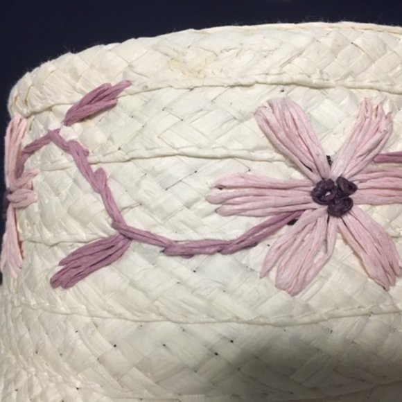 White Woven Sun Hat w/Purple Embroidered Flowers - Picture 14 of 14